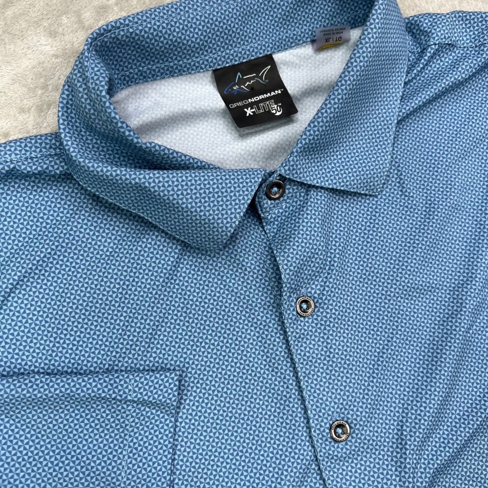 Greg Norman Polo Shirt Mens XL Blue Geometric Play Dry X-Lite 50 Stretch‎ Golf